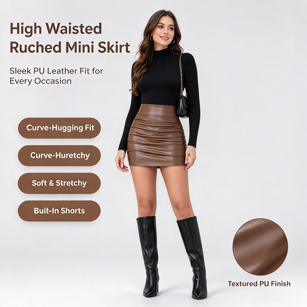 Hochgeschnittener Bauchkontrolle Geraffter Gesäumter 2-in-1 Fleece PU Mini Bodycon Rock