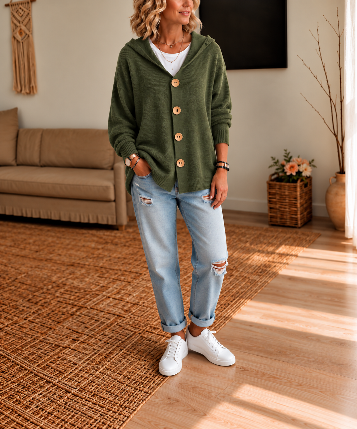 Kapuzen-Waffelstrick-Strickjacke mit Knopfleiste