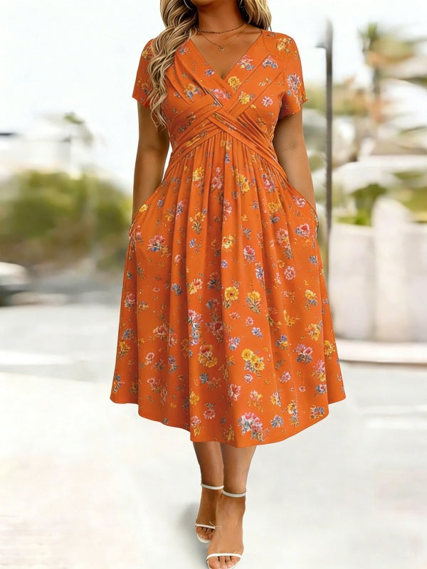 Damen V-Ausschnitt Blumendruck Kleid mit Taillendrehung