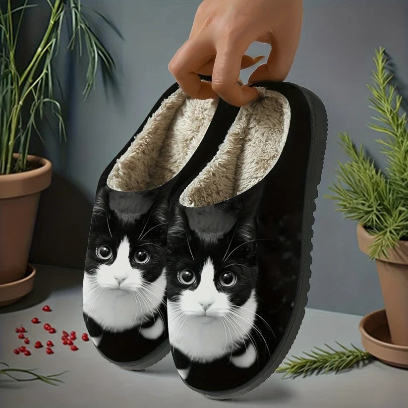 Damen Hausschuhe zum Reinschlüpfen mit Katzenmotiv