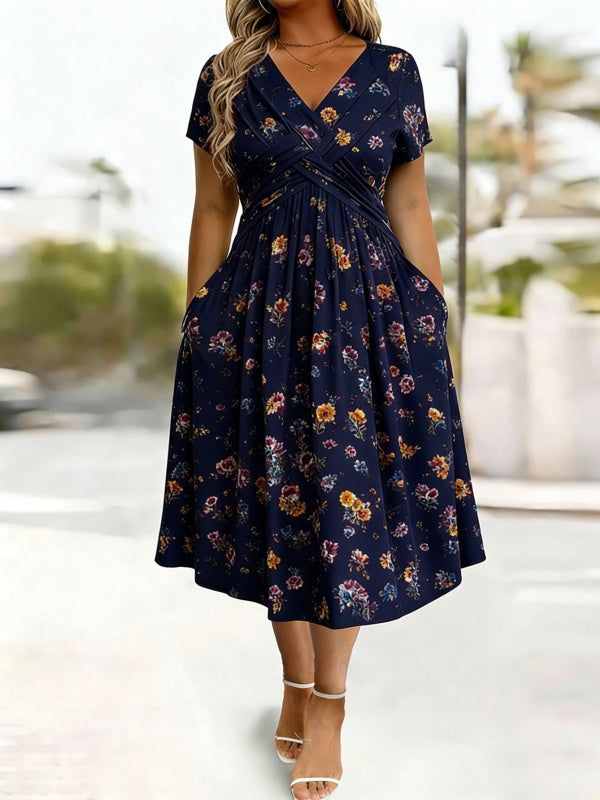 Damen V-Ausschnitt Blumendruck Kleid mit Taillendrehung