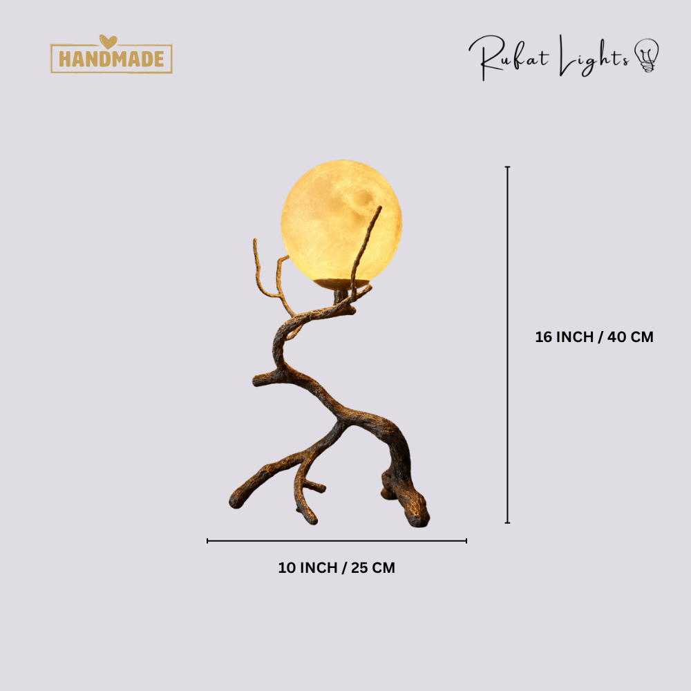 Rustikale Tischleuchte Mond mit Holzmaserung