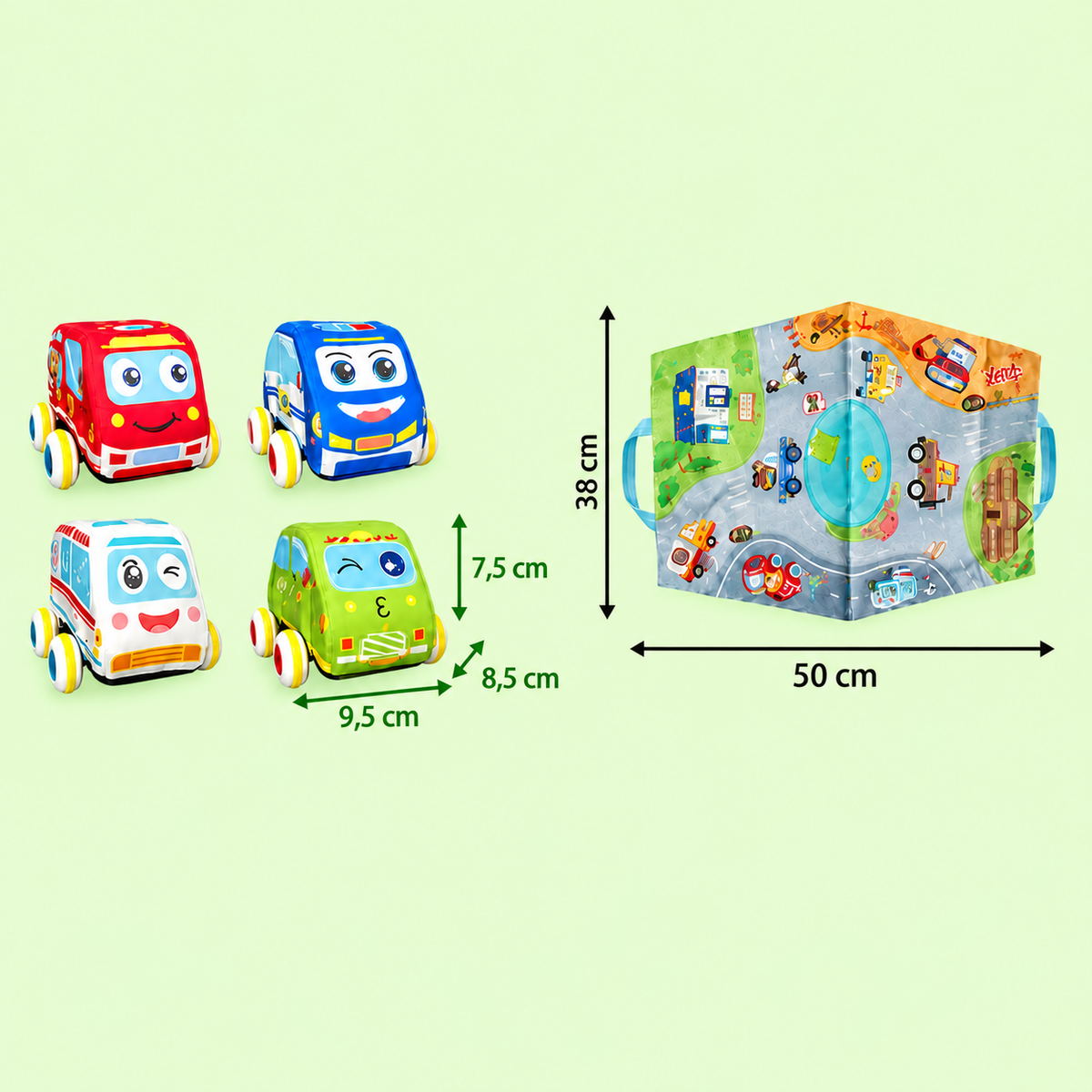 Weiches Plüsch-Rückzieh-Auto-Set mit 2-in-1-Spielmatte und Aufbewahrungstasche