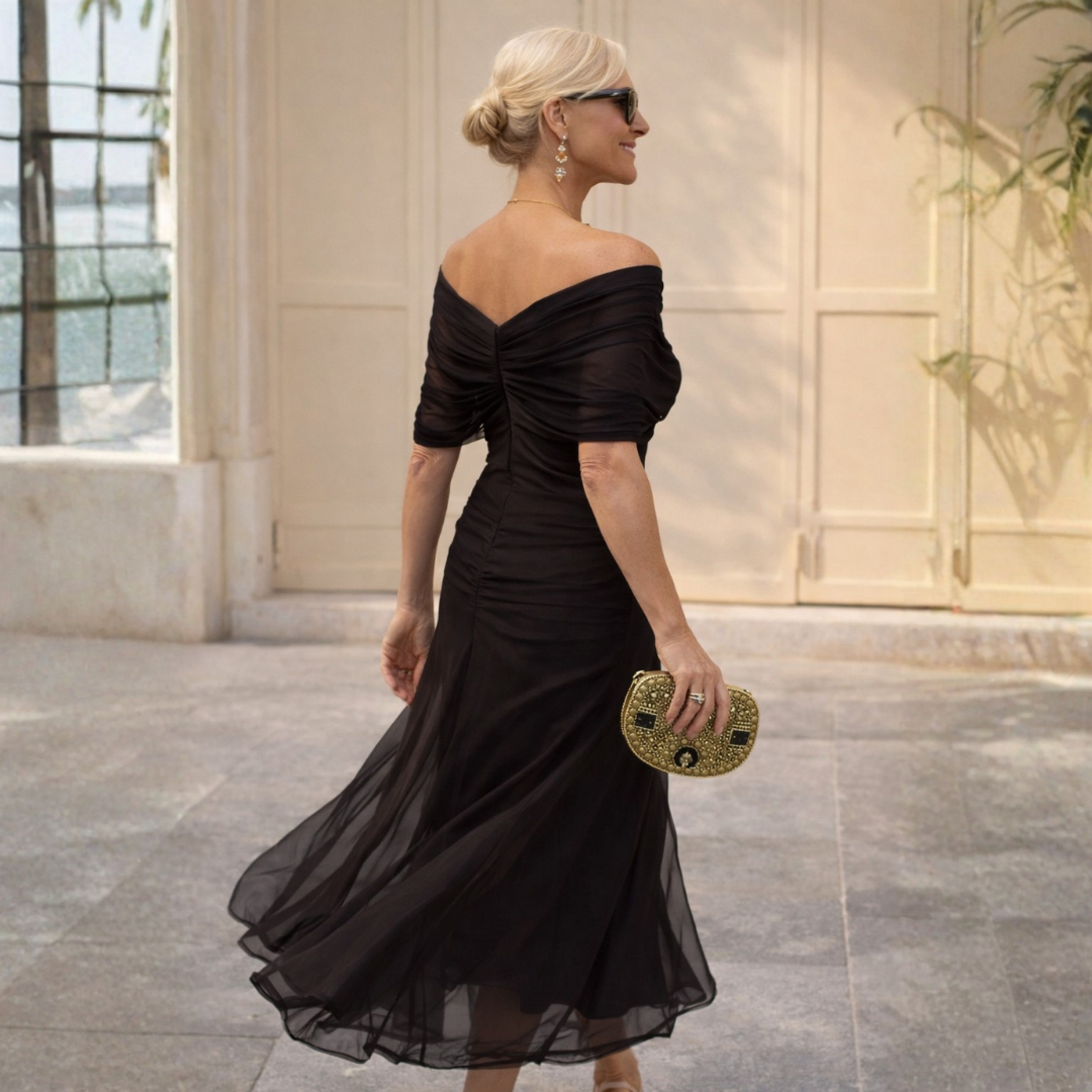Bauchstraffendes schulterfreies Maxikleid
