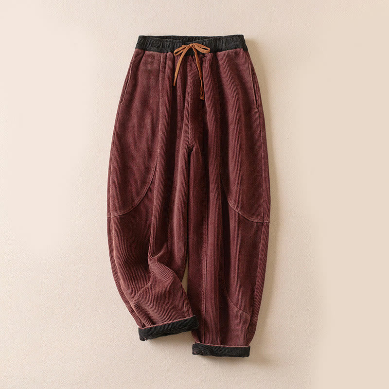 Cord-Baumwoll-Haremshose für Damen mit Farbkontrast, Thermo-Fleecefutter und Taschen