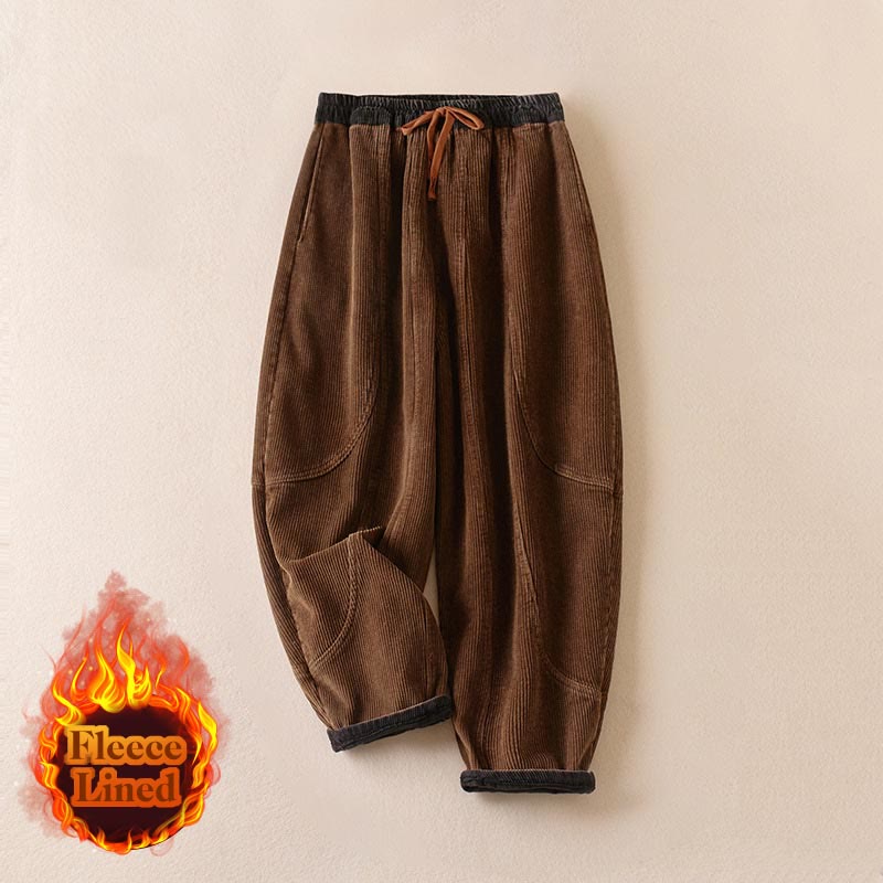 Cord-Baumwoll-Haremshose für Damen mit Farbkontrast, Thermo-Fleecefutter und Taschen