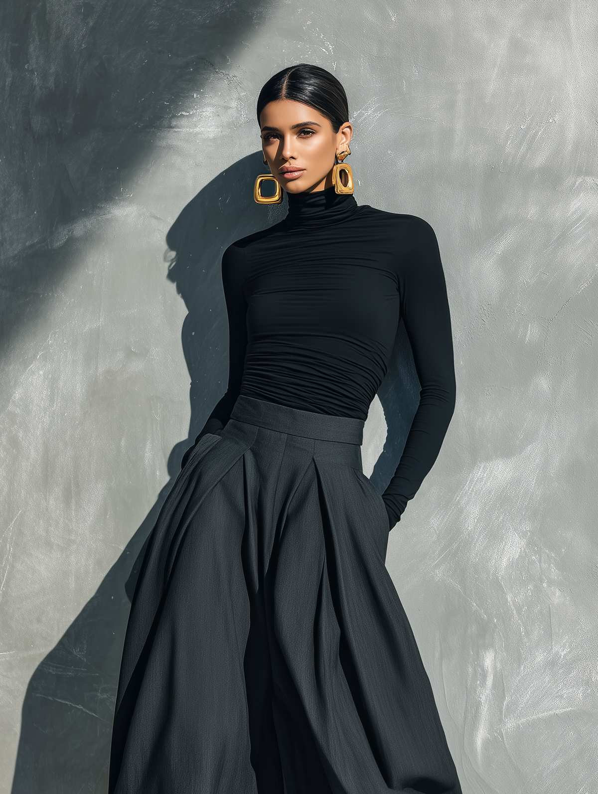 Lässiges 2-teiliges Damen-Set mit schwarzem Stretch-Strick-Langarmoberteil und dunkelgrauer gewebter Hose mit weitem Bein