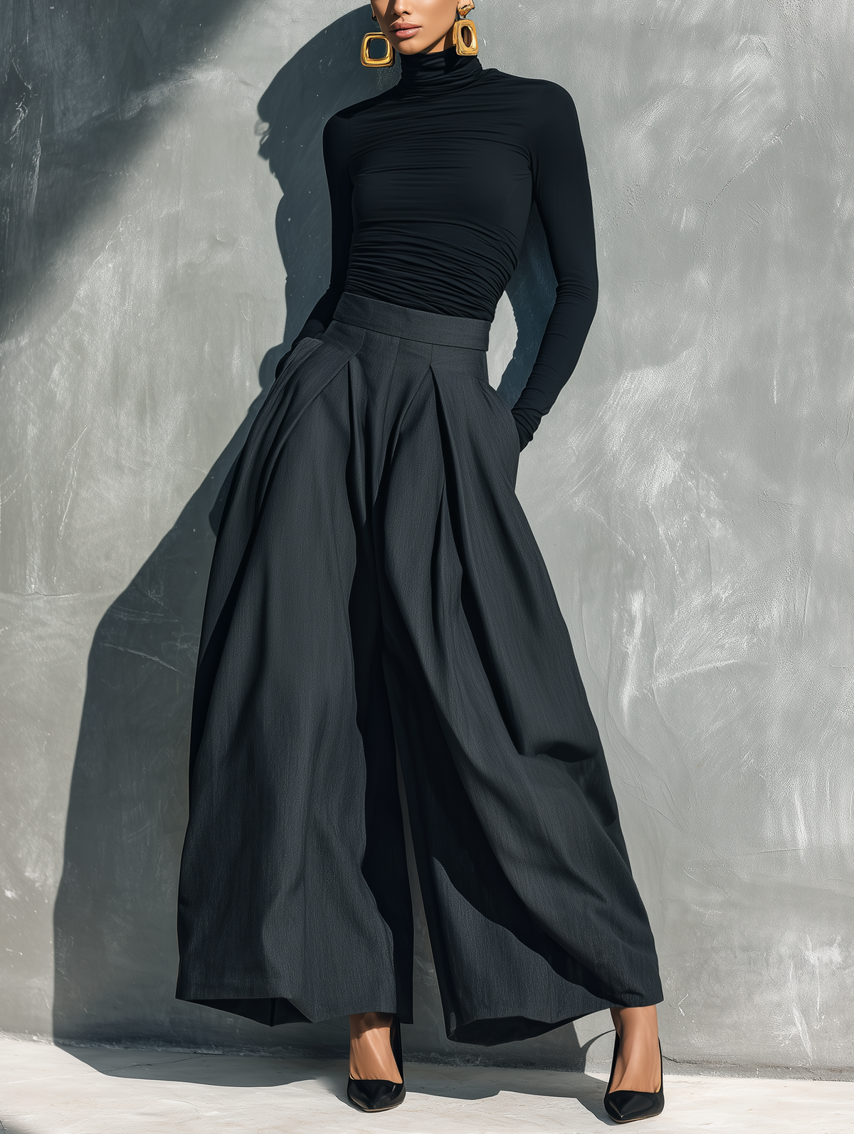 Lässiges 2-teiliges Damen-Set mit schwarzem Stretch-Strick-Langarmoberteil und dunkelgrauer gewebter Hose mit weitem Bein