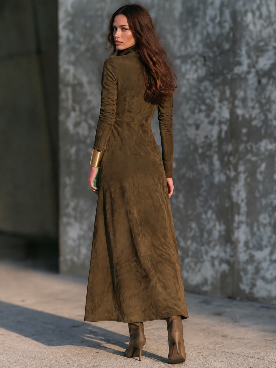 Damen Vintage-Maxikleid aus Wildlederimitat mit Stehkragen