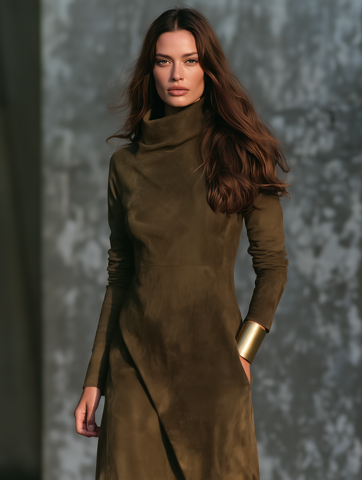 Damen Vintage-Maxikleid aus Wildlederimitat mit Stehkragen