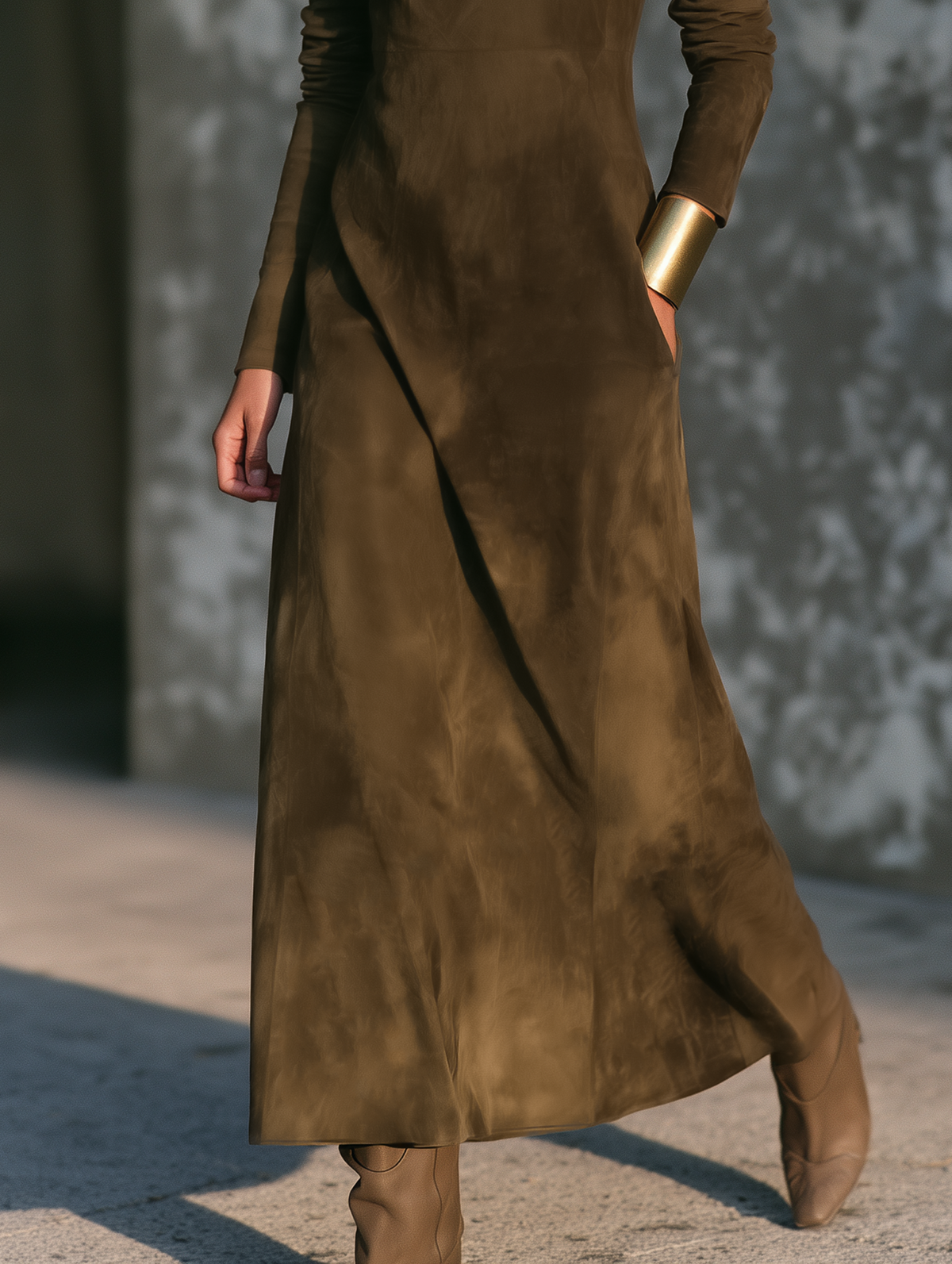 Damen Vintage-Maxikleid aus Wildlederimitat mit Stehkragen