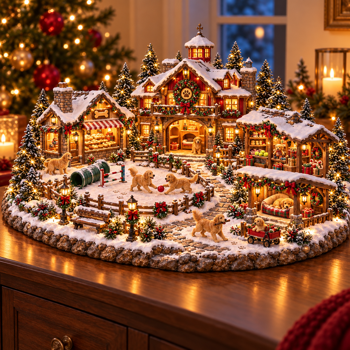 Weihnachts-Golden-Retriever-Dorf – Beleuchtete Weihnachtsszene für Hundeliebhaber