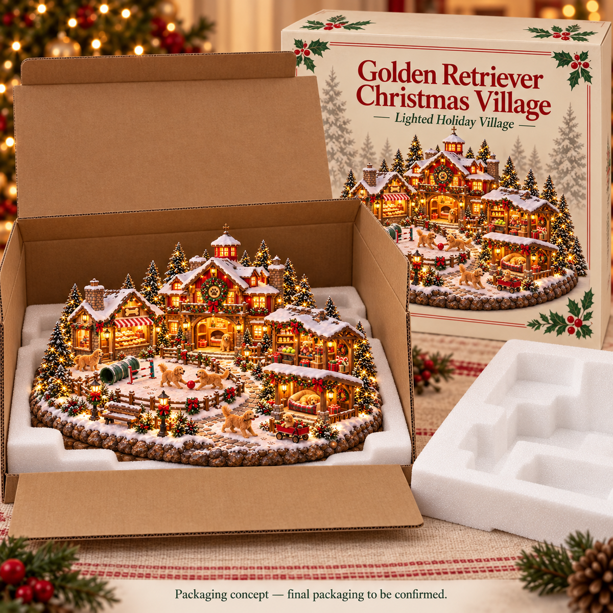 Weihnachts-Golden-Retriever-Dorf – Beleuchtete Weihnachtsszene für Hundeliebhaber