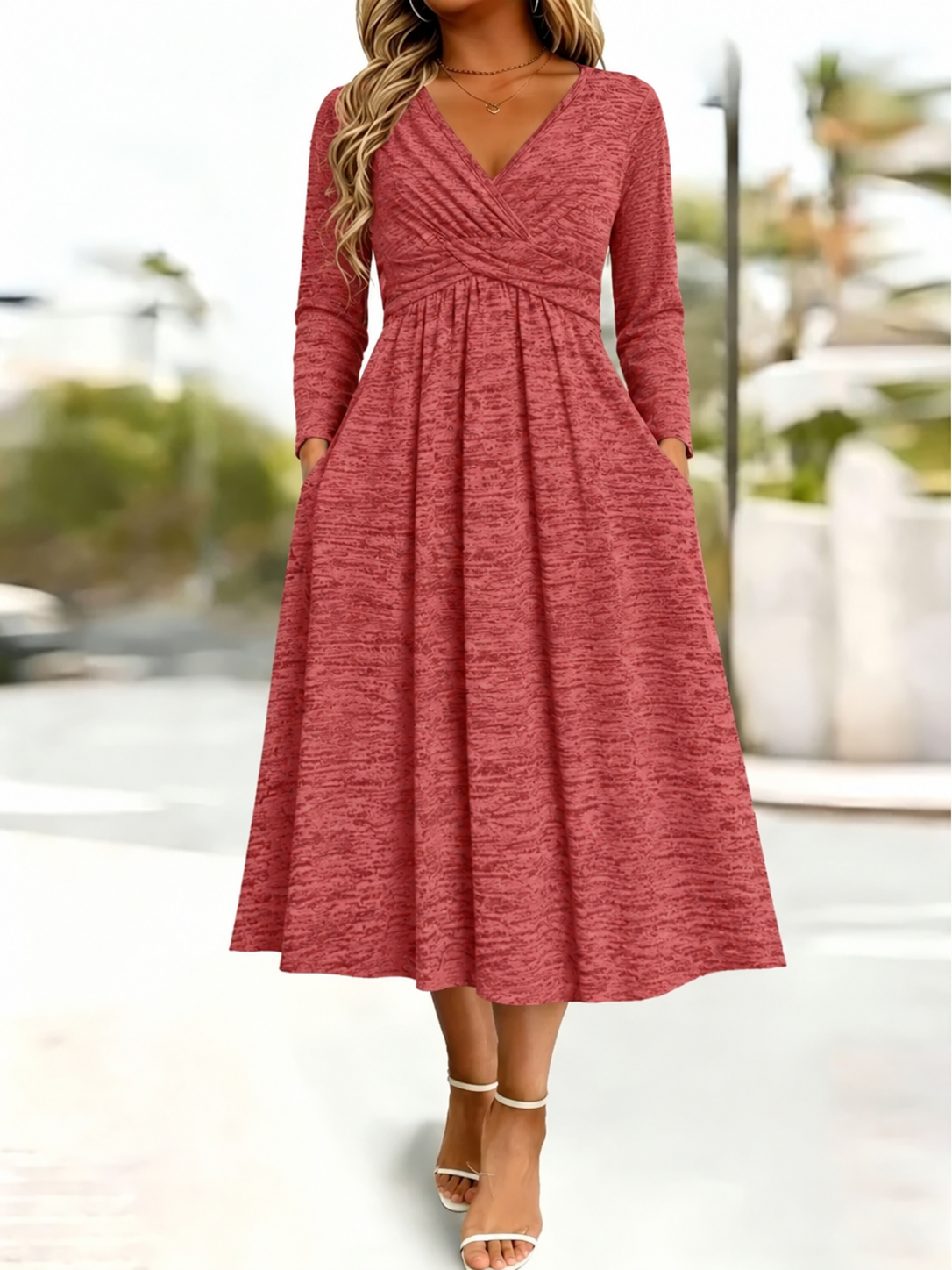 Wickelkleid mit Bindeband in der Taille und Taschen, Midi-Länge