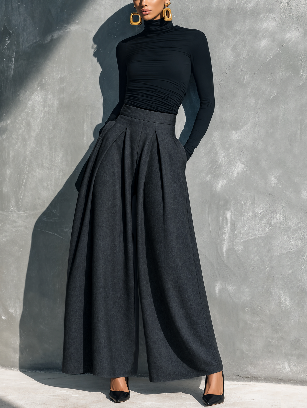 Lässiges 2-teiliges Damen-Set mit schwarzem Stretch-Strick-Langarmoberteil und dunkelgrauer gewebter Hose mit weitem Bein