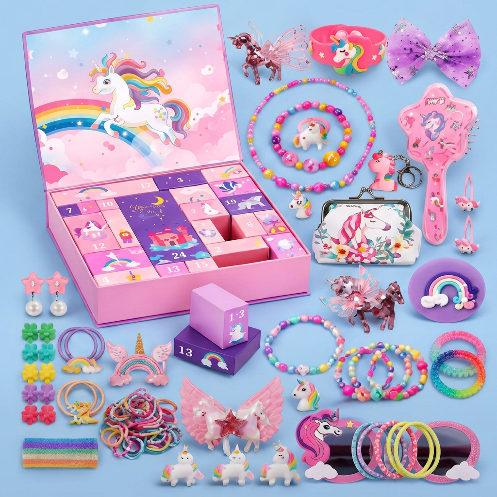 24-Tage-Einhorn-Adventskalender mit Haarschmuck, Aufklebern & Überraschungsgeschenken