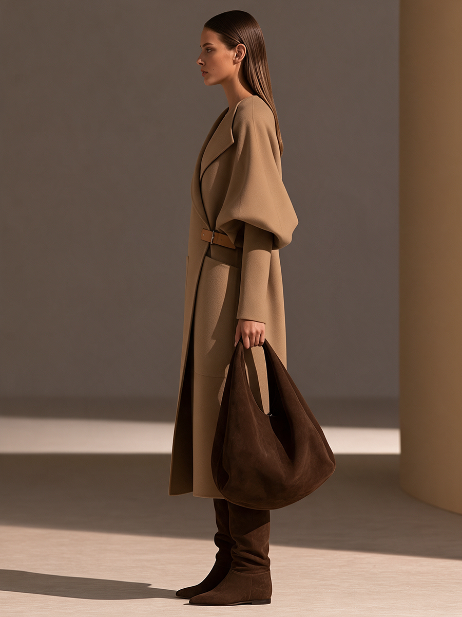 Damen Oversized-Revers Cocoon Puffärmel Lederschnalle Gürtel Aufgesetzte Taschen Longline Wollmantel