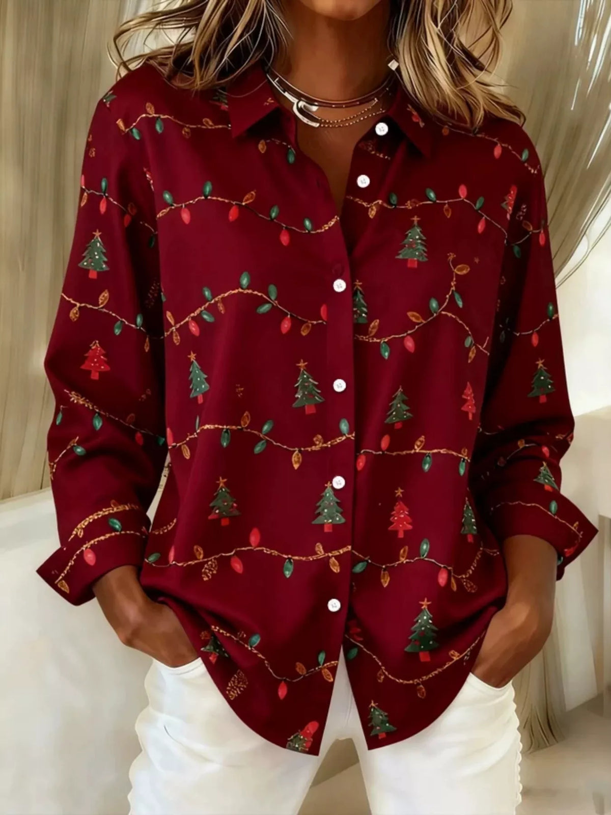 Hemd mit Weihnachtsbaum-Print und langen Ärmeln zum Knöpfen in großen Größen