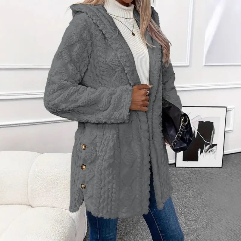 Damen Kapuzen Doppelseitige Fleece Strickjacke Langarm Lässig Warm Oberbekleidung