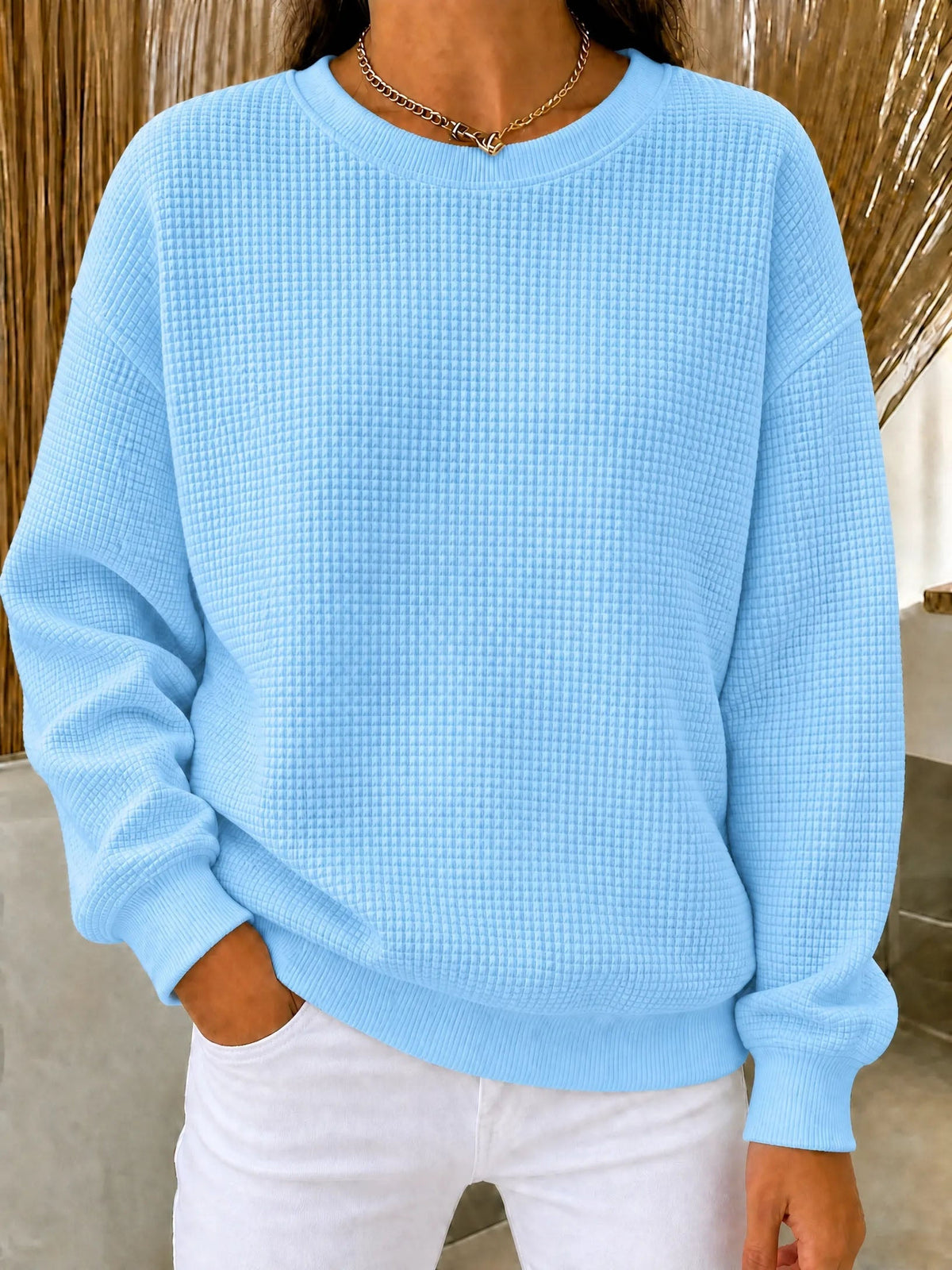 Damen Waffelstrick Rundhals Sweatshirt