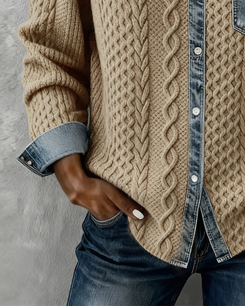 Damen-Cardigan aus Zopfstrick mit Denim-Details