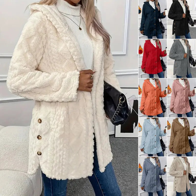Damen Kapuzen Doppelseitige Fleece Strickjacke Langarm Lässig Warm Oberbekleidung