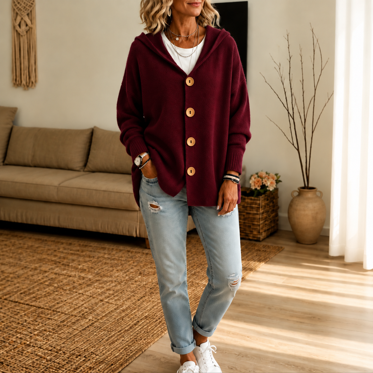 Kapuzen-Waffelstrick-Strickjacke mit Knopfleiste
