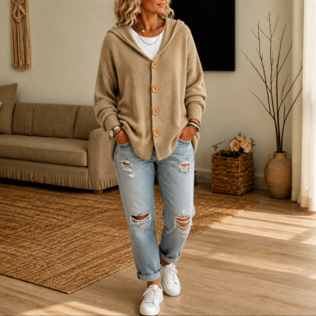 Kapuzen-Waffelstrick-Strickjacke mit Knopfleiste