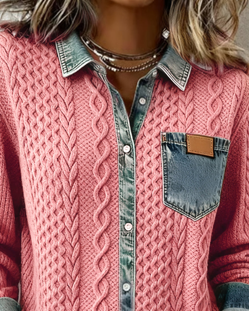 Damen-Cardigan aus Zopfstrick mit Denim-Details