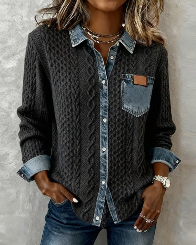 Damen-Cardigan aus Zopfstrick mit Denim-Details