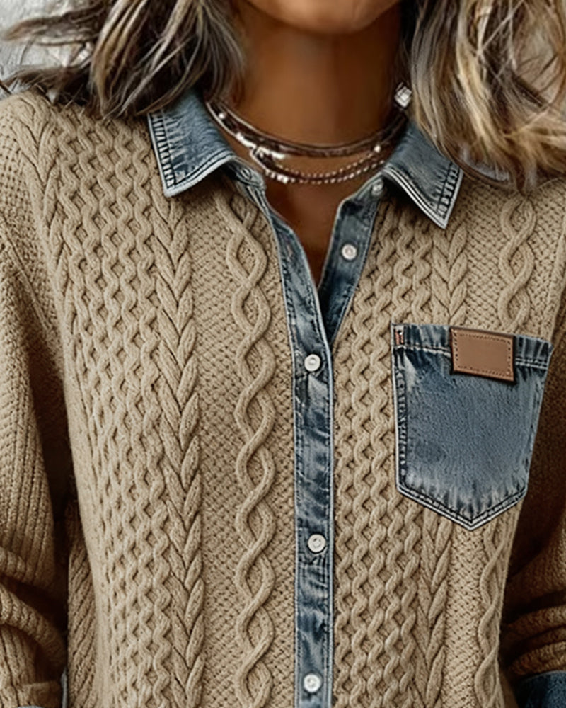 Damen-Cardigan aus Zopfstrick mit Denim-Details