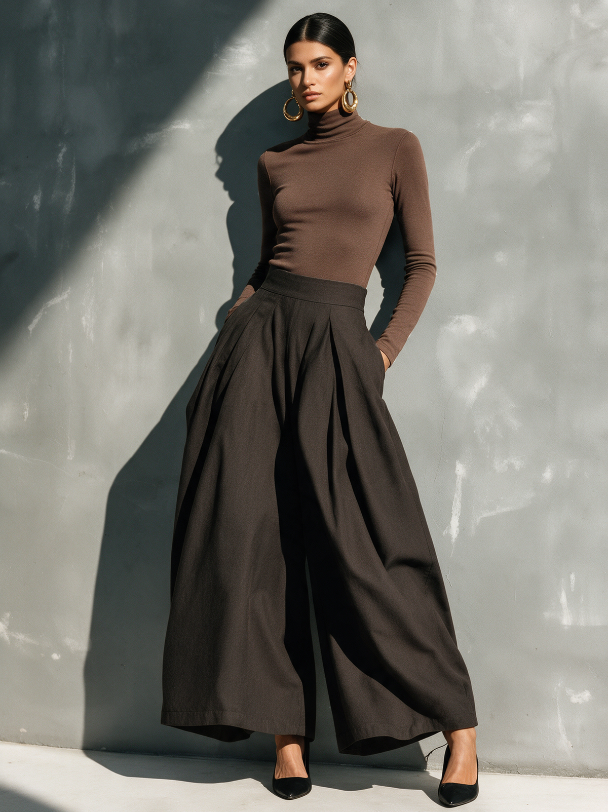 Lässiges 2-teiliges Damen-Set mit schwarzem Stretch-Strick-Langarmoberteil und dunkelgrauer gewebter Hose mit weitem Bein