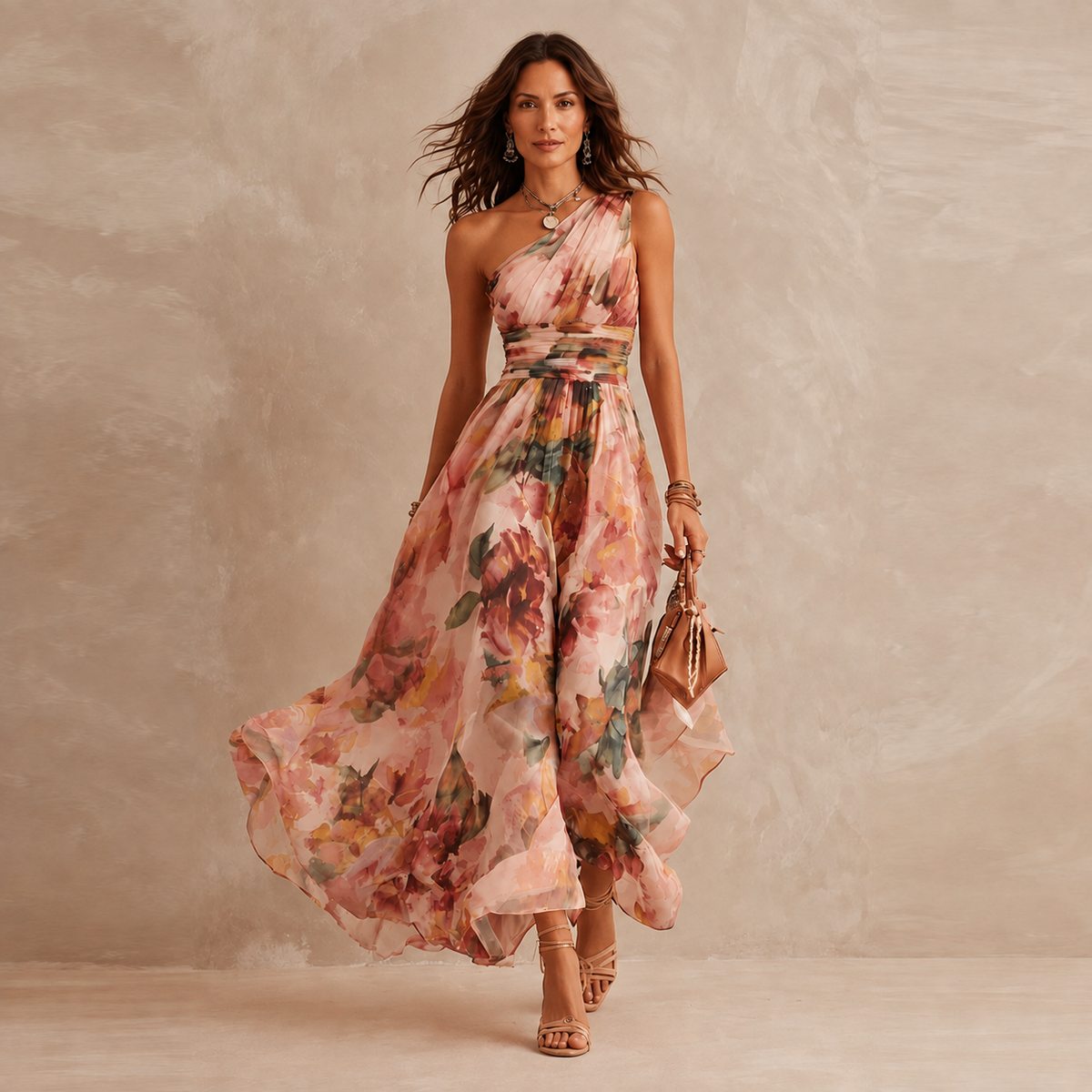 Schulterfreies Blumen-Maxikleid