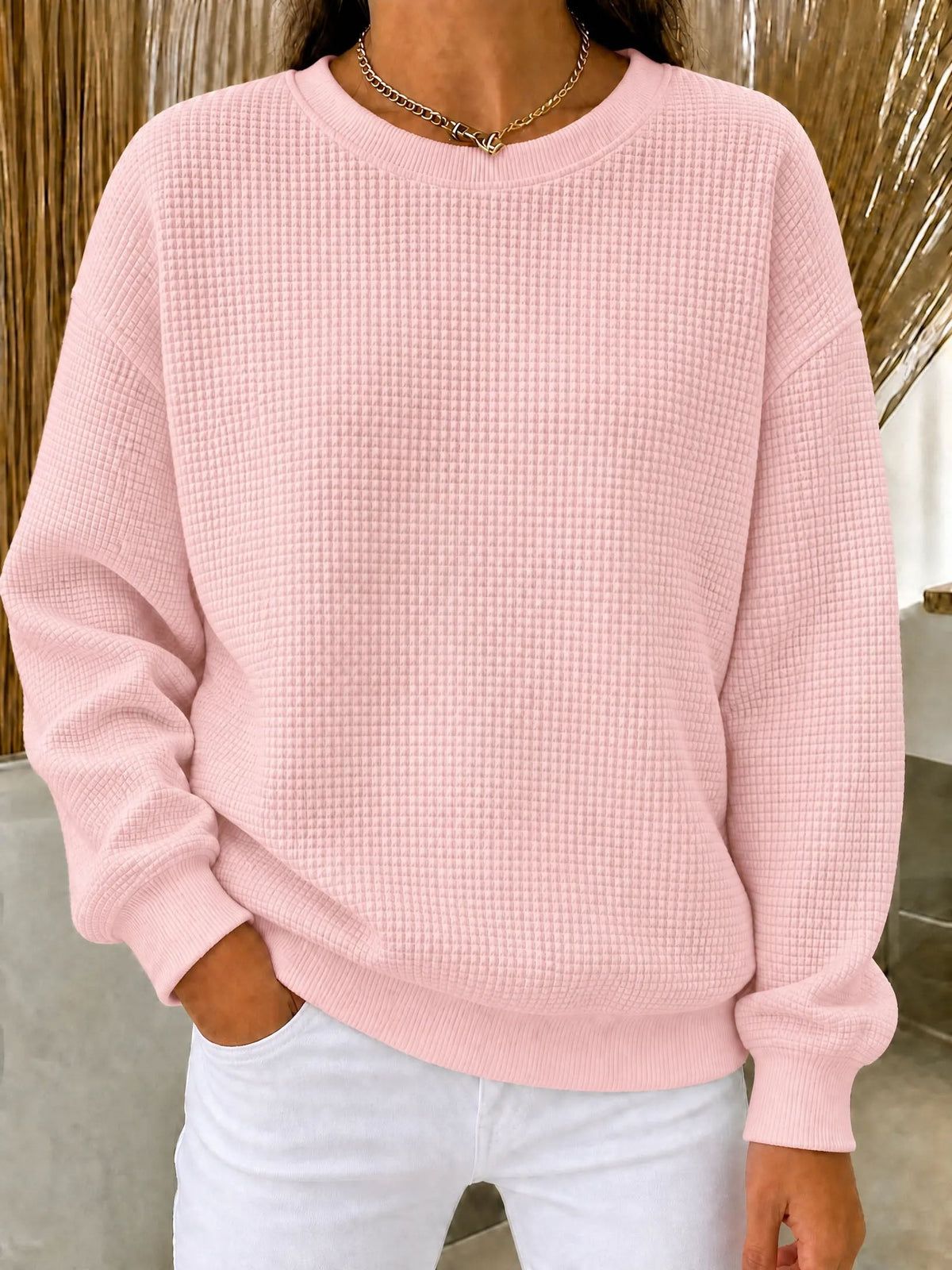 Damen Waffelstrick Rundhals Sweatshirt