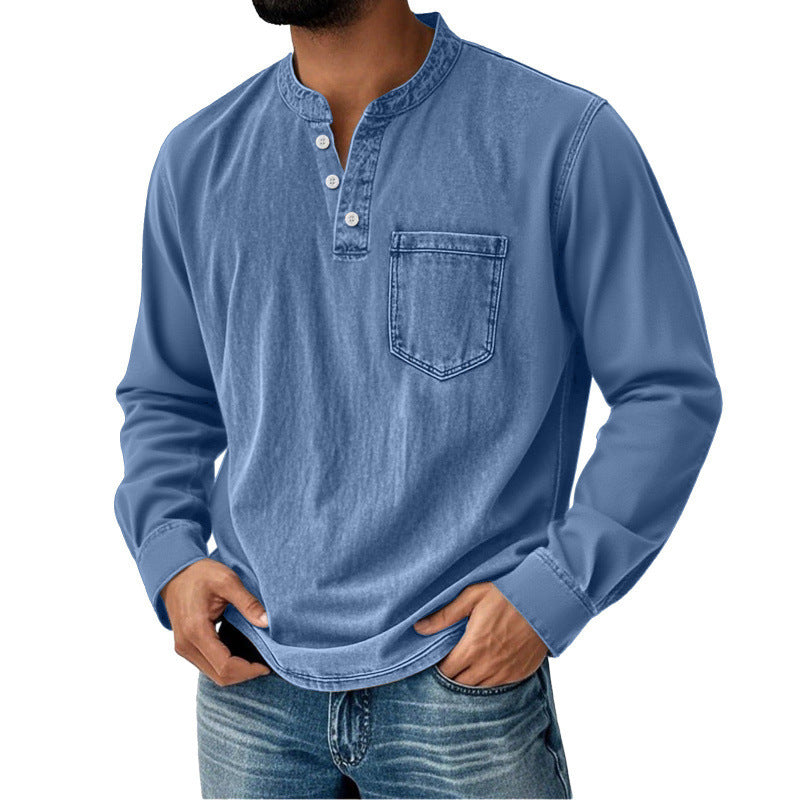 Herren-Jeanshemd mit langem Ärmel, V-Ausschnitt und Brusttasche