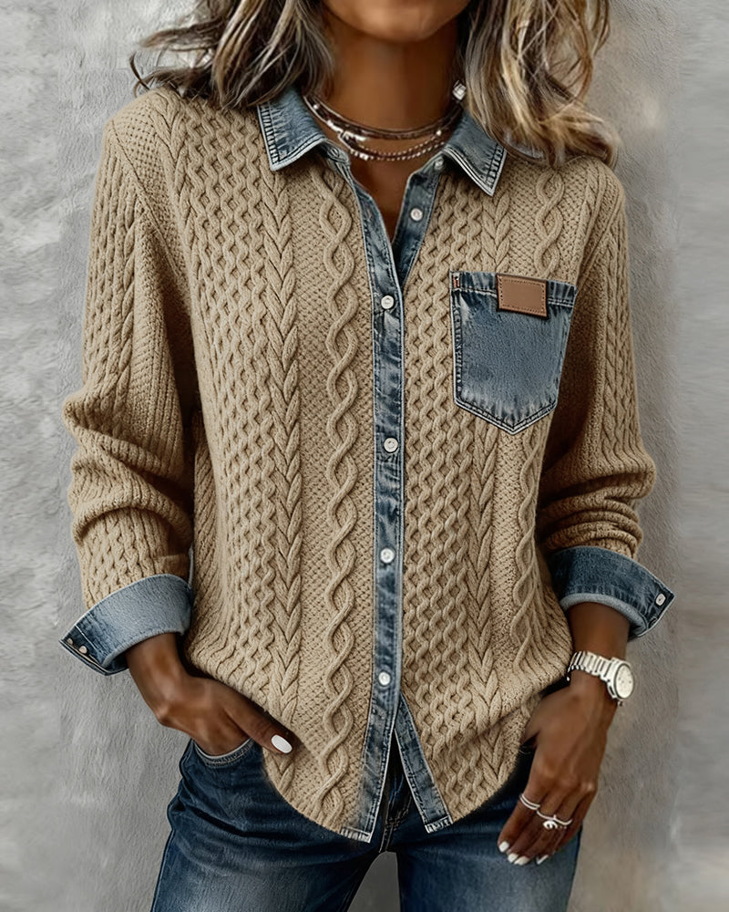 Damen-Cardigan aus Zopfstrick mit Denim-Details