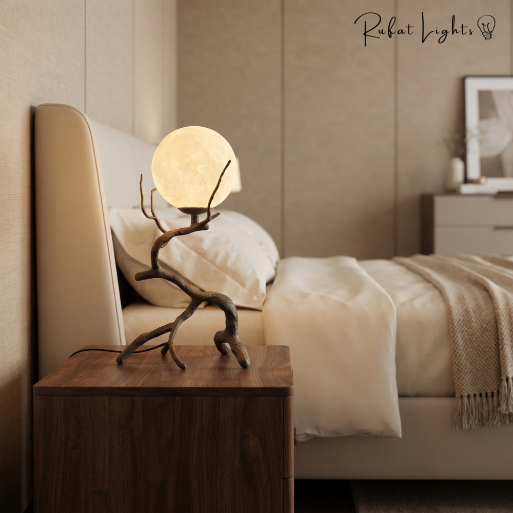 Rustikale Tischleuchte Mond mit Holzmaserung