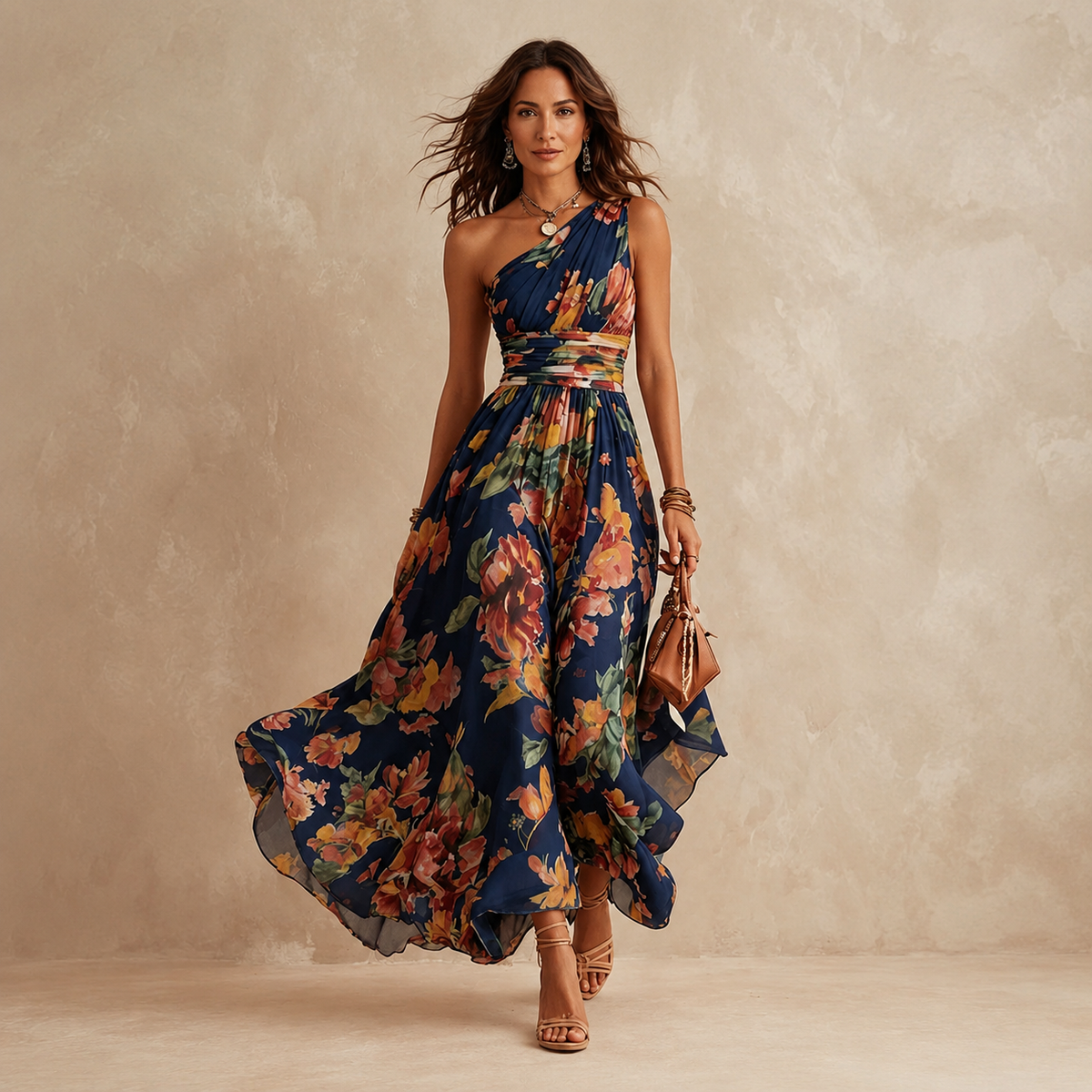 Schulterfreies Blumen-Maxikleid