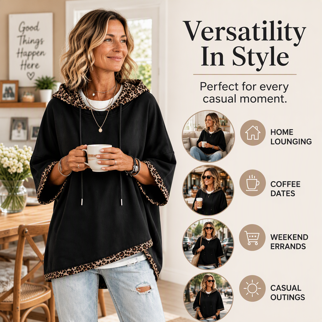 Damen Hoodie mit weitem Schnitt und Kordelzug mit Leoparden-Detail