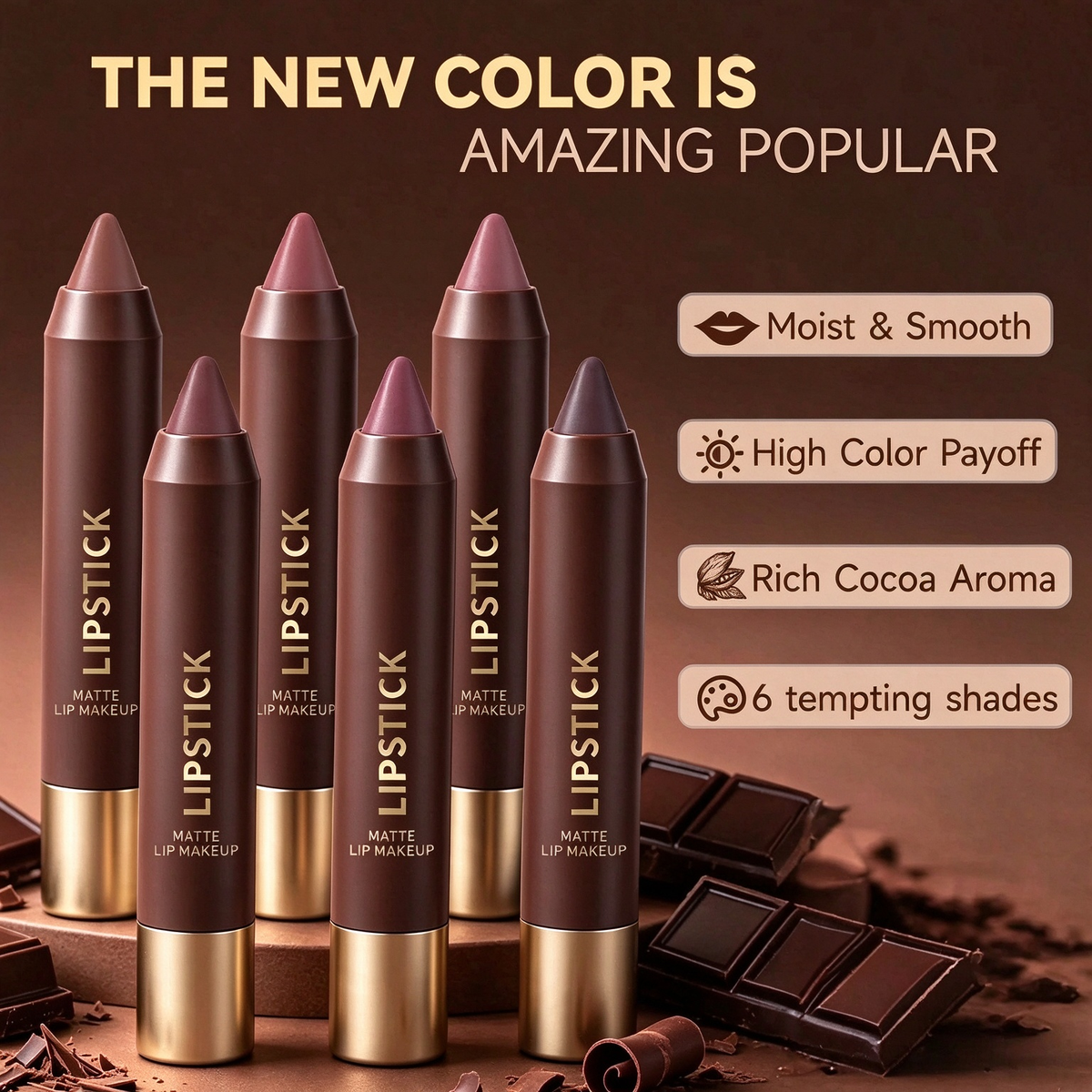 6er-Set langanhaltender matter brauner Lippenstift
