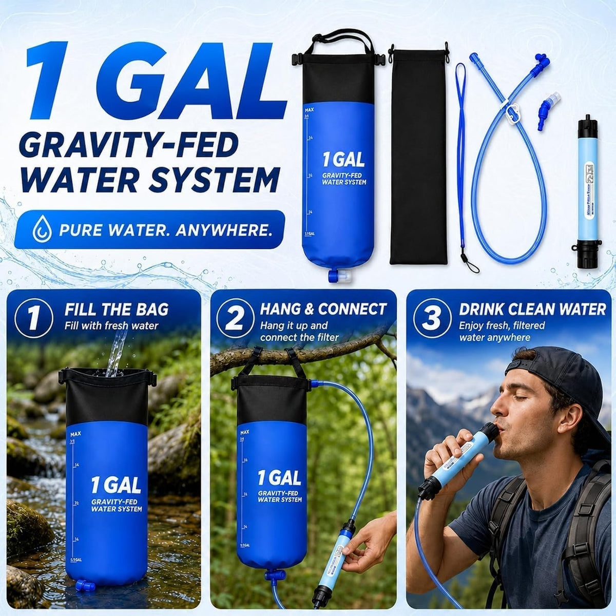 Schwerkraft-Wasserfilter mit 0,01 Mikron Membran, Arbeitsplatten-Filterung, für Camping & Notfälle zu Hause, 1,5L, tragbar