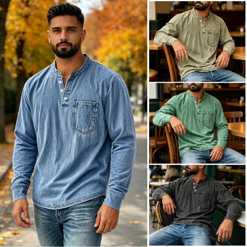 Herren-Jeanshemd mit langem Ärmel, V-Ausschnitt und Brusttasche