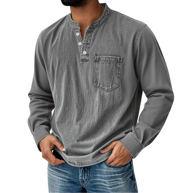 Herren-Jeanshemd mit langem Ärmel, V-Ausschnitt und Brusttasche
