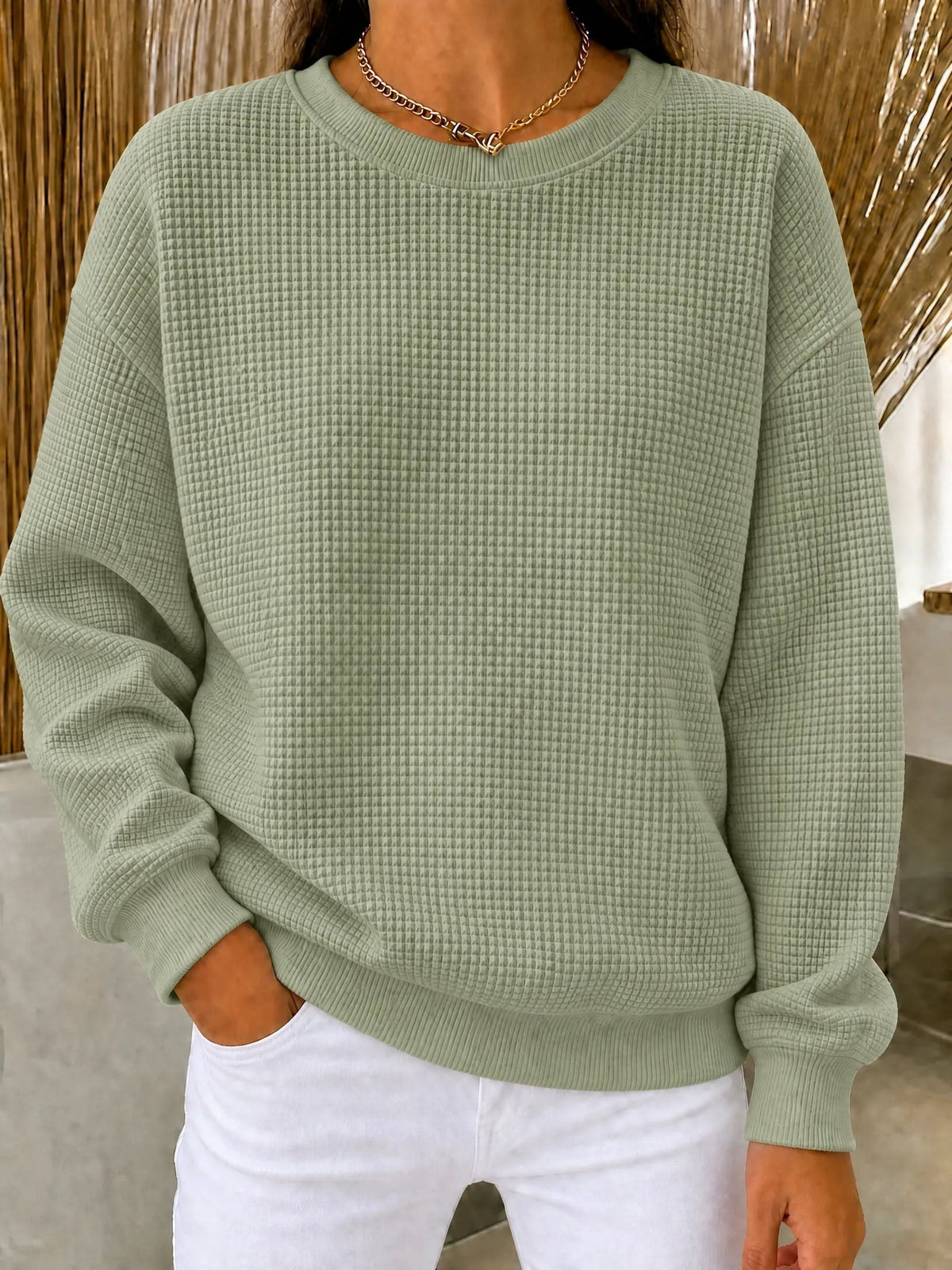 Damen Waffelstrick Rundhals Sweatshirt