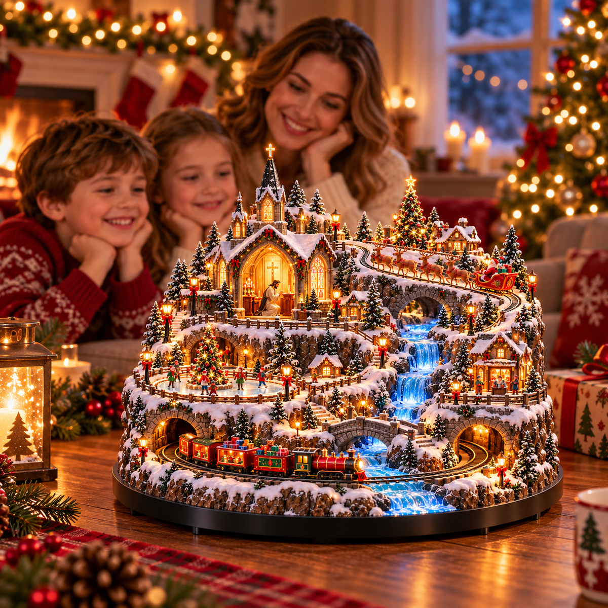 Beleuchtetes animiertes Weihnachtsdorf mit Zug, Rentierschlitten und Wasserfall