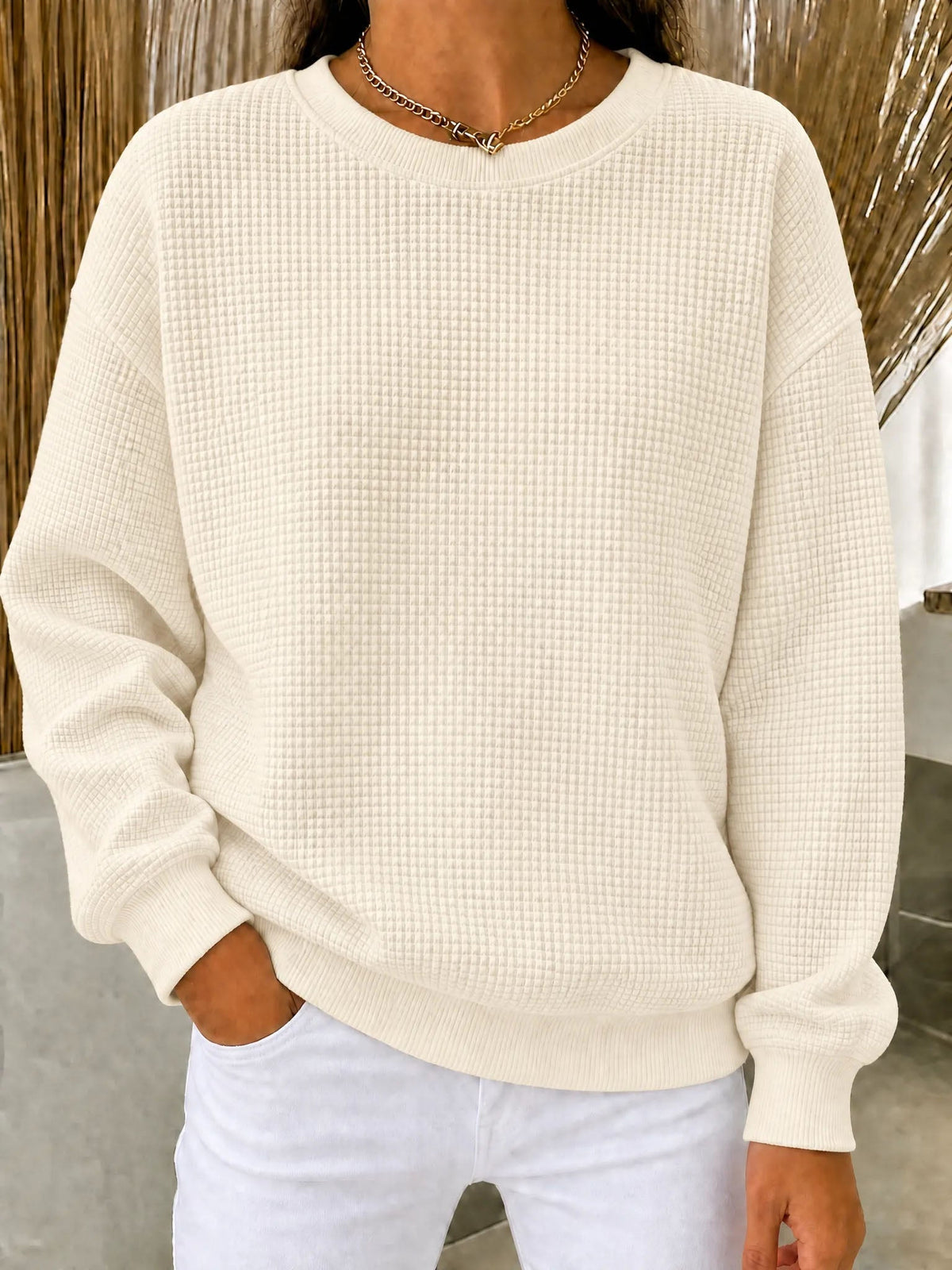 Damen Waffelstrick Rundhals Sweatshirt