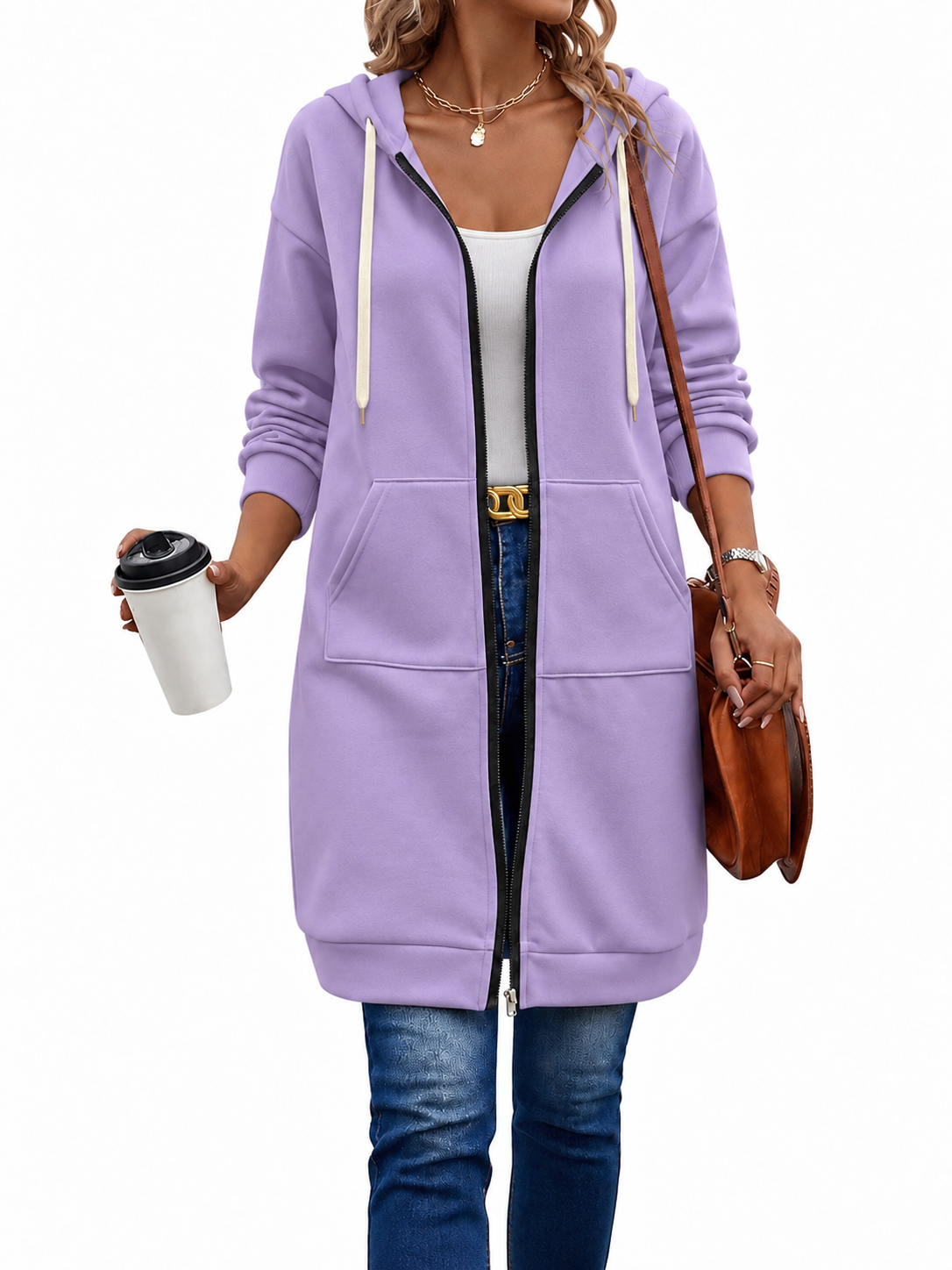 Langer Zip-Hoodie mit Kapuzenkordel