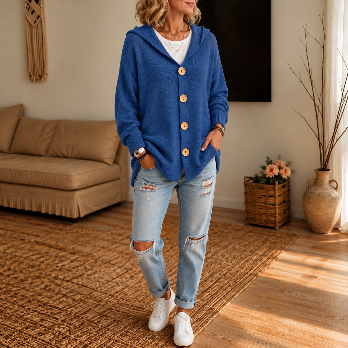 Kapuzen-Waffelstrick-Strickjacke mit Knopfleiste