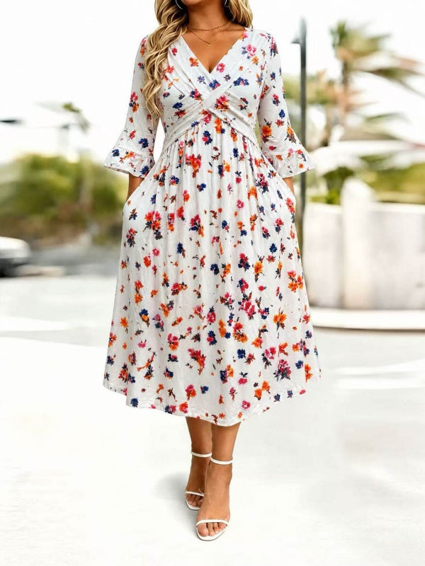 Wickelkleid mit Bindeband in der Taille und Taschen, Midi-Länge