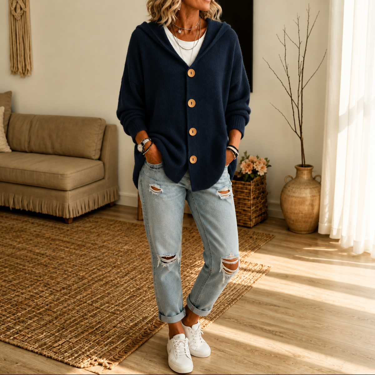 Kapuzen-Waffelstrick-Strickjacke mit Knopfleiste